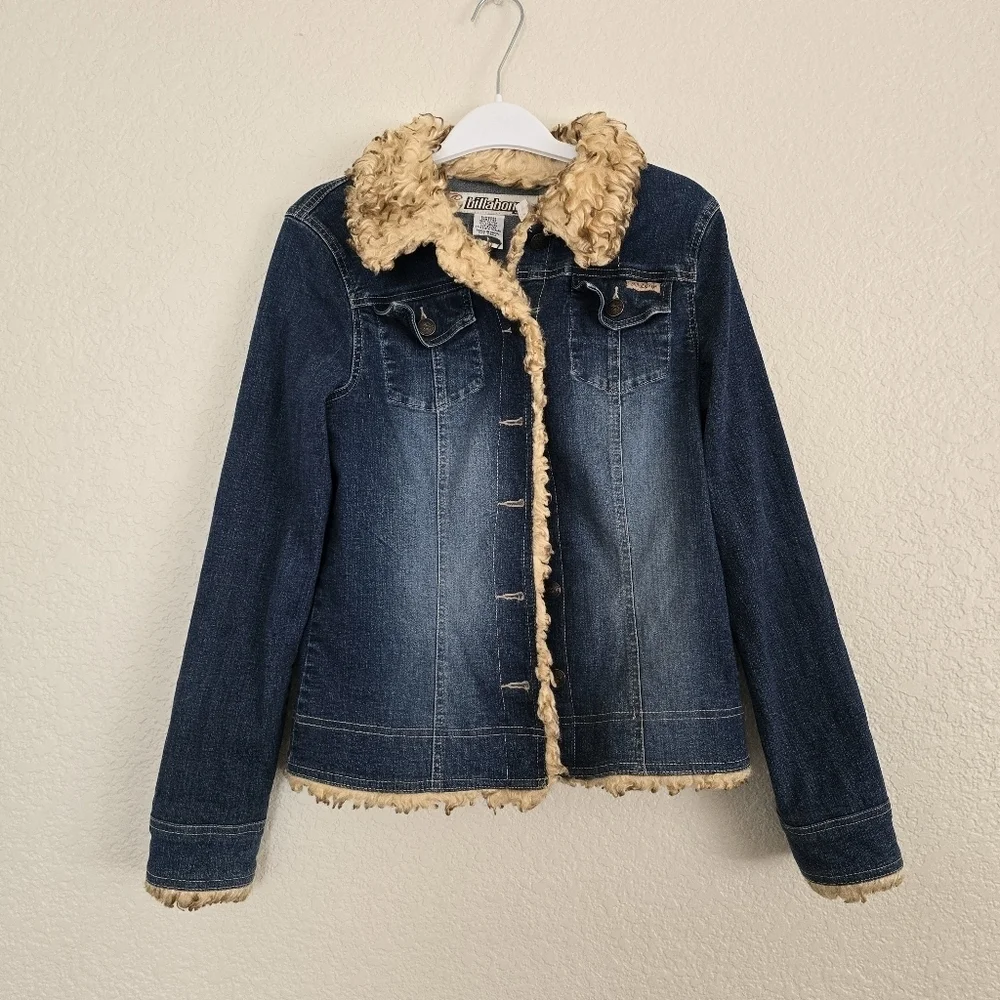 Billabong Vintage Y2K Faux Fur Denim Jacket Small - Picture 1 of 9